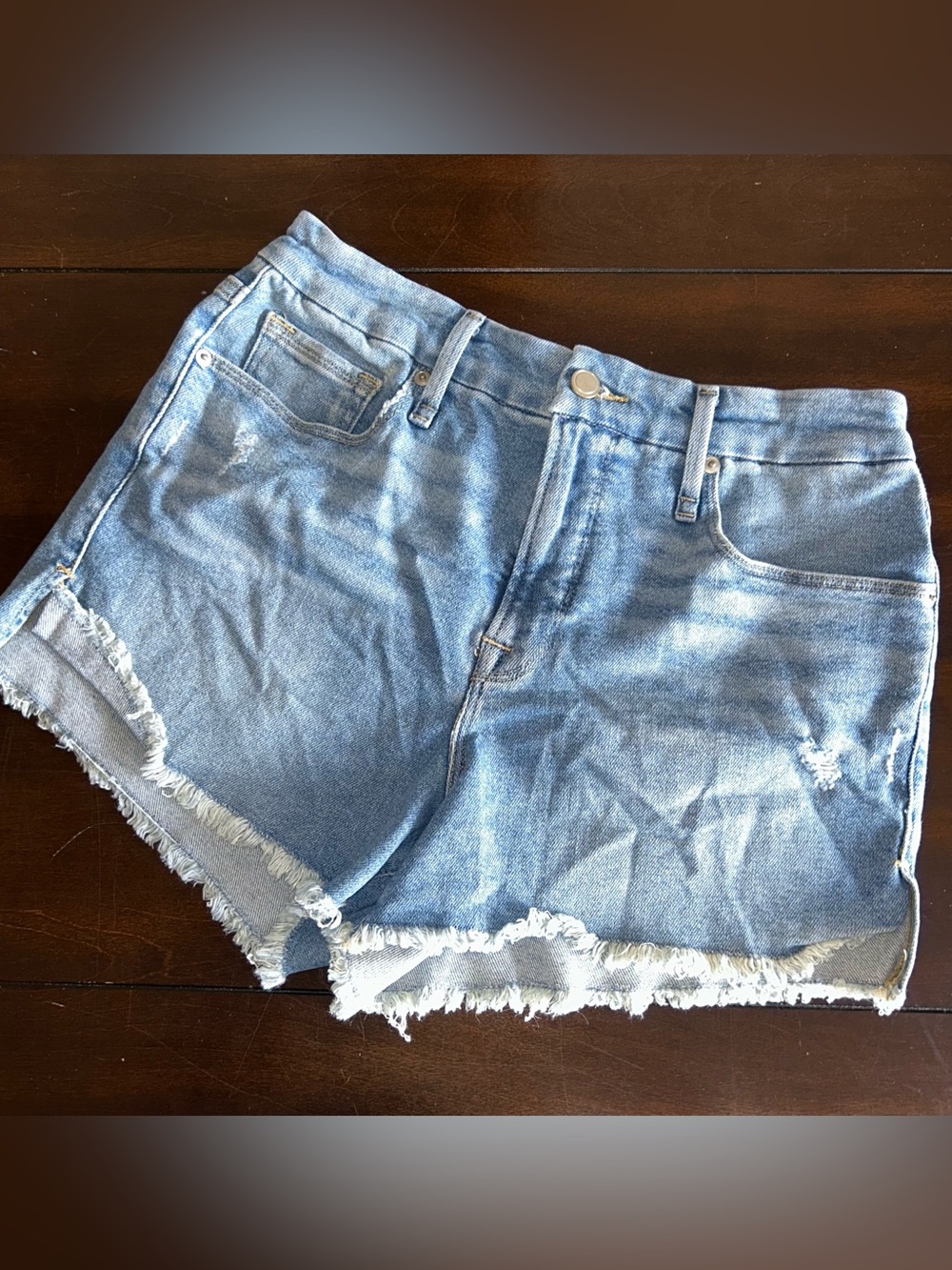 Good American Light Blue Distressed Denim Cutoff Shorts